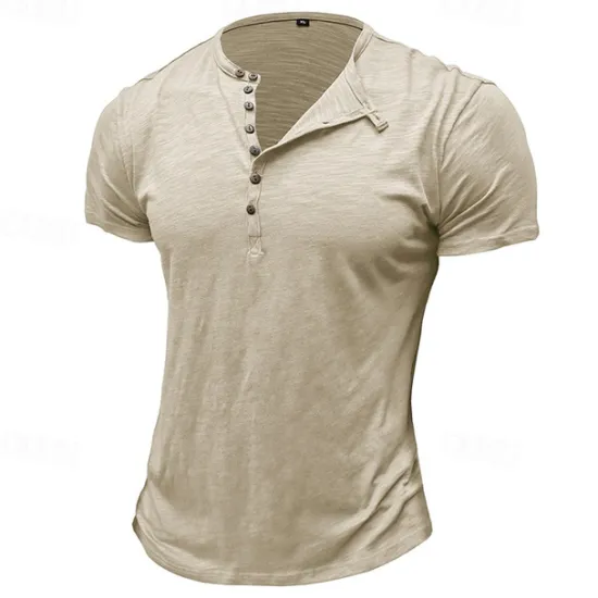 Clearance OUKU 100%Cotton Men's T Shirt Henley Shirt Tee Short Sleeve Shirt Tee Top Plain Vintage Designer Basic Button Up Henley Vacation Street Casual Daily Spring Summer Black White Light Green Henley T-Shirt