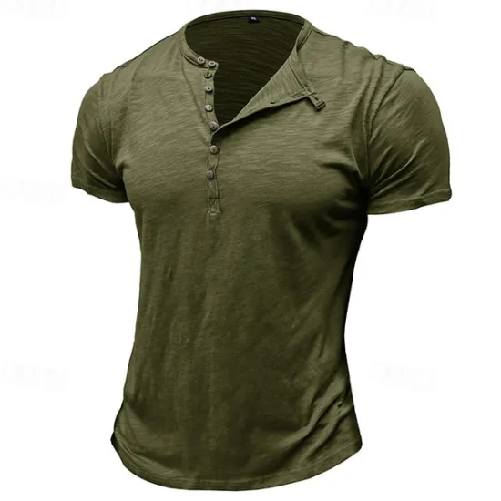 Clearance OUKU 100%Cotton Men's T Shirt Henley Shirt Tee Short Sleeve Shirt Tee Top Plain Vintage Designer Basic Button Up Henley Vacation Street Casual Daily Spring Summer Black White Light Green Henley T-Shirt
