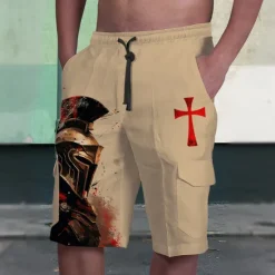 New OUKU Cross Print Men's Shorts Summer Vintage Shorts Casual Shorts Side Pockets Drawstring Elastic Waist Breathable Soft Short Daily Holiday Bottoms Khaki