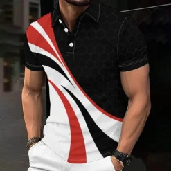 Discount OUKU 3D Line Men's Casual Print Polo Set Casual Daily Wear 95% Polyester 5% Spandex Short Sleeve Turndown Polo Shirts Spring & Summer S M L Micro-elastic Lapel Polo White