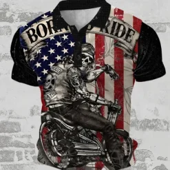 Discount OUKU Day of the Dead Men's American Flag Patriotic Waffle Polo Shirts Golf Shirt Short Sleeve Polo Shirts Collared Shirts Streetwear Vacation Wear Party Outfits 3D Print Buttons Summer Spring Black
