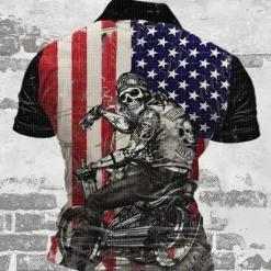 Discount OUKU Day of the Dead Men's American Flag Patriotic Waffle Polo Shirts Golf Shirt Short Sleeve Polo Shirts Collared Shirts Streetwear Vacation Wear Party Outfits 3D Print Buttons Summer Spring Black