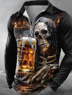 Outlet OUKU Day of the Dead Men's Oktoberfest Beer Skulls Zip Polo Shirts Long Sleeve Polo Shirts Lapel Casual Horror Dark Outdoor Festival Outfit 3D Print Spring Fall Winter Black Red Blue
