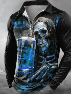 Outlet OUKU Day of the Dead Men's Oktoberfest Beer Skulls Zip Polo Shirts Long Sleeve Polo Shirts Lapel Casual Horror Dark Outdoor Festival Outfit 3D Print Spring Fall Winter Black Red Blue