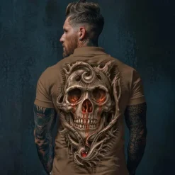 Best OUKU Day of the Dead Men's Polo Shirts Golf Shirt Short Sleeve Polo Shirts Collared Shirts Casual Horror Streetwear Festival Wear Party Outfits 3D Print Buttons Summer Spring Fall Black White Brown