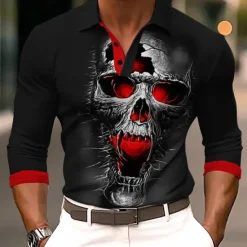 Best OUKU Day of the Dead Men's Polo Shirts Golf Shirt Long Sleeve Polo Shirts Collared Shirts Horror Streetwear Festival Wear Party Outfits 3D Print Buttons Fall & Winter Black