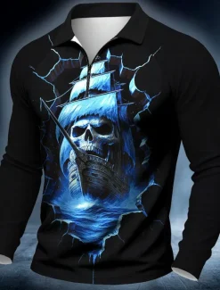 Online OUKU Day of the Dead Men's Ship Skulls Polo Long Sleeve Polo Shirts Casual Dark Outdoor Street Daily Wear 3D Print Quarter Zip Polo Spring Fall Winter Lake blue Red Blue