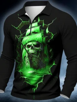 Online OUKU Day of the Dead Men's Ship Skulls Polo Long Sleeve Polo Shirts Casual Dark Outdoor Street Daily Wear 3D Print Quarter Zip Polo Spring Fall Winter Lake blue Red Blue