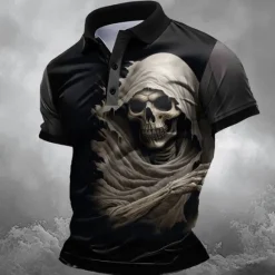 Best OUKU Day of the Dead Men's Skull Polo Shirts Golf Shirt Short Sleeve Polo Shirts Collared Shirts Horror Streetwear Festival Wear Party Outfits 3D Print Buttons Summer Spring Black