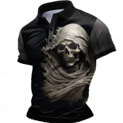 Best OUKU Day of the Dead Men's Skull Polo Shirts Golf Shirt Short Sleeve Polo Shirts Collared Shirts Horror Streetwear Festival Wear Party Outfits 3D Print Buttons Summer Spring Black