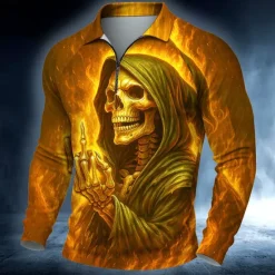 Discount OUKU Day of the Dead Men's Skulls Polo Long Sleeve Polo Shirts Casual Dark Outdoor Street Daily Wear 3D Print Quarter Zip Polo Spring Fall Winter Red Orange Green