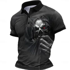 Clearance OUKU Day of the Dead Men's Skull Polo Shirts Golf Shirt Short Sleeve Polo Shirts Collared Shirts Horror Streetwear Festival Wear Party Outfits 3D Print Buttons Summer Spring Black