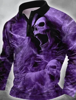 OUKU Day of the Dead Men's Skull Polo Long Sleeve Polo Shirts Lapel Casual Outdoor Street Athleisure Daily Wear 3D Print Buttons Spring Fall Winter Red Blue Purple