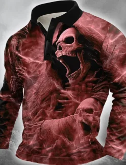 OUKU Day of the Dead Men's Skull Polo Long Sleeve Polo Shirts Lapel Casual Outdoor Street Athleisure Daily Wear 3D Print Buttons Spring Fall Winter Red Blue Purple