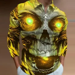 Outlet OUKU Day of the Dead Men's Skull Zip Polo Shirts Golf Shirt Long Sleeve Polo Shirts Collared Shirts Casual Horror Streetwear Festival Wear Party Outfits 3D Print Quarter Zip Polo Yellow Blue Purple