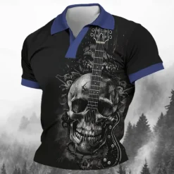 New OUKU Day of the Dead Men's Skull Guitar Polo Shirts Golf Shirt Short Sleeve Polo Shirts V Neck Horror Streetwear Festival Wear Party Outfits 3D Print Spring & Summer Black