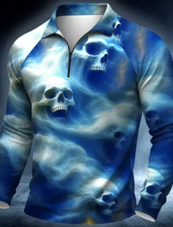 Hot OUKU Day of the Dead Men's Skulls Polo Long Sleeve Polo Shirts Casual Dark Outdoor Street Daily Wear 3D Print Quarter Zip Polo Spring Fall Winter Blue Brown Green