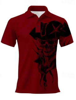 Hot OUKU Day of the Dead Men's Skull Polo Shirts Golf Shirt Short Sleeve Polo Shirts Collared Shirts Casual Horror Festival Wear Party Outfits 3D Print Buttons Spring & Summer White Wine Navy Blue