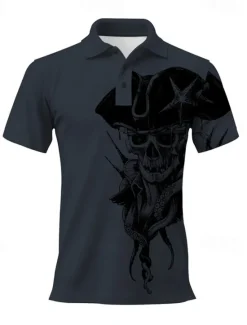Hot OUKU Day of the Dead Men's Skull Polo Shirts Golf Shirt Short Sleeve Polo Shirts Collared Shirts Casual Horror Festival Wear Party Outfits 3D Print Buttons Spring & Summer White Wine Navy Blue