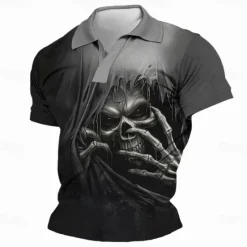 Clearance OUKU Day of the Dead Men's Skull Polo Shirts Golf Shirt Short Sleeve Polo Shirts V Neck Horror Streetwear Festival Wear Party Outfits 3D Print Spring & Summer Black