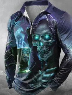 Online OUKU Day of the Dead Men's Skulls Zip Polo Shirts Long Sleeve Polo Shirts Lapel Casual Horror Dark Outdoor Festival Outfit 3D Print Spring Fall Winter Red Blue Purple
