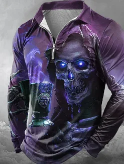 Online OUKU Day of the Dead Men's Skulls Zip Polo Shirts Long Sleeve Polo Shirts Lapel Casual Horror Dark Outdoor Festival Outfit 3D Print Spring Fall Winter Red Blue Purple