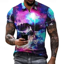 Hot OUKU Day of the Dead Men's Skull Rose Zip Polo Shirts Golf Shirt Short Sleeve Polo Shirts Collared Shirts Casual Horror Streetwear Festival Wear Party Outfits 3D Print Quarter Zip Polo White Purple Green