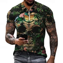Hot OUKU Day of the Dead Men's Skull Rose Zip Polo Shirts Golf Shirt Short Sleeve Polo Shirts Collared Shirts Casual Horror Streetwear Festival Wear Party Outfits 3D Print Quarter Zip Polo White Purple Green