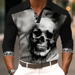 Sale OUKU Day of the Dead Men's Skull Polo Shirts Golf Shirt Long Sleeve Polo Shirts Collared Shirts Horror Streetwear Festival Wear Party Outfits 3D Print Buttons Fall & Winter Black