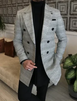 OUKU Double Breasted Formal Mens 3D Shirt For Business | White Winter | Plaid Fashion Streetwear Men'S Coat Office Work To Fall & Turndown Long Sleeve Dark Gray Polyester