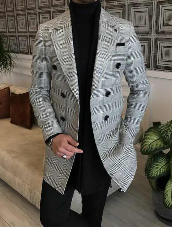 OUKU Double Breasted Formal Mens 3D Shirt For Business | White Winter | Plaid Fashion Streetwear Men'S Coat Office Work To Fall & Turndown Long Sleeve Dark Gray Polyester