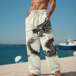 OUKU Dragon Abstract Men's 3D Printed Casual Pants Trousers Elastic Waist Drawstring Loose Fit Straight-Leg Summer Beach Pants S TO 3XL