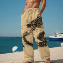 OUKU Dragon Abstract Men's 3D Printed Casual Pants Trousers Elastic Waist Drawstring Loose Fit Straight-Leg Summer Beach Pants S TO 3XL