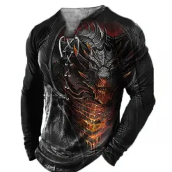 OUKU Dragon Gothic Mens 3D Shirt For Halloween | Winter Cotton | Men'S Tee Fashion Designer Comfortable Graphic Animal Long Sleeve Casual Daily Going Out Collar Spring & Black