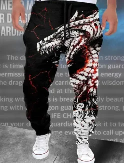 New OUKU Dragon Guardian x LU | Men's Dragon Mythical Creature Dark Style Streetwear Sweatpants