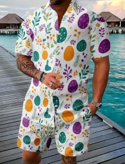 Outlet OUKU Easter Men's Easter Eggs 2pcs Shirts Sets Shirt Set Short Sleeve Short Pants Turndown Casual Outdoor Casual Daily 3D Print Summer Robin's Egg Blue Yellow White