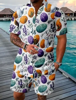 Outlet OUKU Easter Men's Easter Eggs 2pcs Shirts Sets Shirt Set Short Sleeve Short Pants Turndown Casual Outdoor Casual Daily 3D Print Summer Robin's Egg Blue Yellow White