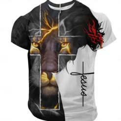Best OUKU Easter Men's Lion Cross Jesus T Shirt Short Sleeve T shirt 3D Print Crew Neck Shirt Simple Religious Street Style Street Casual Black 1 Blue 2# Blue 1# Summer Spring Clothing Apparel S M L XL XXL XXXL