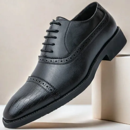 OUKU Elegant Brown Faux Leather Dress Shoes with Brogue Detailing for Professional and Business Settings