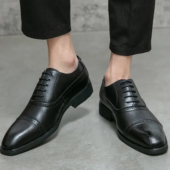OUKU Elegant Brown Faux Leather Dress Shoes with Brogue Detailing for Professional and Business Settings
