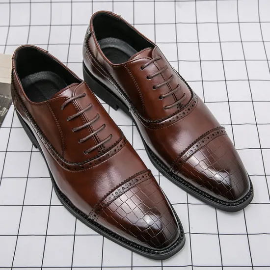 OUKU Elegant Brown Faux Leather Dress Shoes with Brogue Detailing for Professional and Business Settings