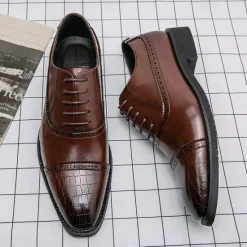 OUKU Elegant Brown Faux Leather Dress Shoes with Brogue Detailing for Professional and Business Settings