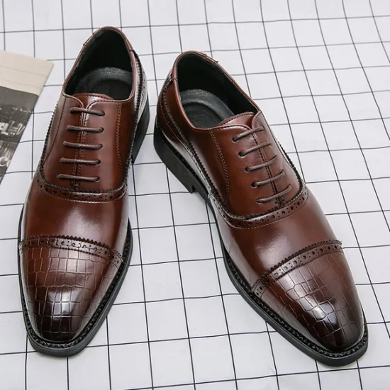 OUKU Elegant Brown Faux Leather Dress Shoes with Brogue Detailing for Professional and Business Settings