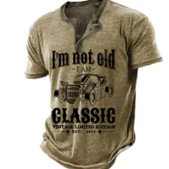 Online OUKU Est 1953 Mens Graphic Shirt Classic 3D For | Blue Cotton Henley Tee Letter Car Clothing Apparel Print Outdoor Casual Short Sleeve Button Down 'M Not Old Am