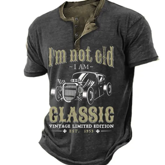 Online OUKU Est 1953 Mens Graphic Shirt Classic 3D For | Blue Cotton Henley Tee Letter Car Clothing Apparel Print Outdoor Casual Short Sleeve Button Down 'M Not Old Am