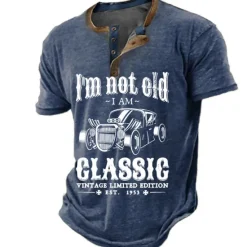Online OUKU Est 1953 Mens Graphic Shirt Classic 3D For | Blue Cotton Henley Tee Letter Car Clothing Apparel Print Outdoor Casual Short Sleeve Button Down 'M Not Old Am