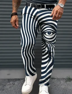 Hot OUKU Eye Business Abstract Men's 3D Print Dress Pants Pants Trousers Outdoor Daily Wear Streetwear Polyester Wine Black Navy Blue S M L Medium Waist Elasticity Pants