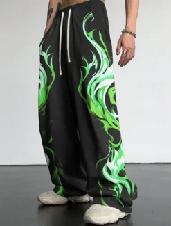Hot OUKU Flame Casual Men's 3D Print Pants Trousers Outdoor Daily Wear Streetwear Polyester Red Blue Purple S M L Medium Waist Elasticity Pants