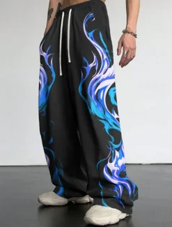 Hot OUKU Flame Casual Men's 3D Print Pants Trousers Outdoor Daily Wear Streetwear Polyester Red Blue Purple S M L Medium Waist Elasticity Pants