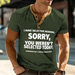 Online OUKU Funny Slang I Have Selective Hearing Sorry You Weren't Selected Today Men's Street Style Waffle Henley Shirt T shirt Tee Street Sports Outdoor Casual T shirt Dark Brown Black Blue Green